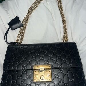 Gucci Black Embossed Leather Shoulder Bag with Gold Chain